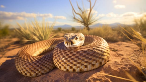 Close-up detail of the head of a Rattlesnake in desert on blurred background AI