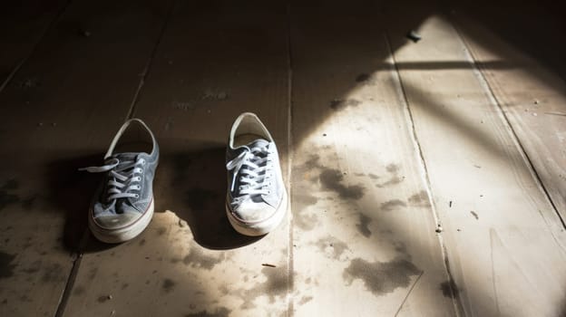 Dirty old sneakers on a dusty wooden floor AI