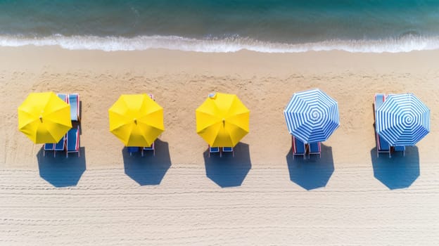 The concept of summer vacation. Top view on an umbrella on the sandy beach AI