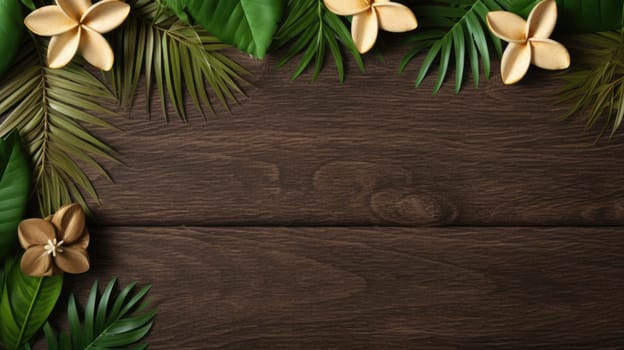 Exotic leaves on a wooden background. Top view frame AI