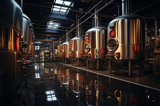 Winery, manufacturing with technology. Metal kegs of wine in cold factory warehouse, Wine industry container, production development of whiskey and beer in cellar barrel at distillery, Generative AI