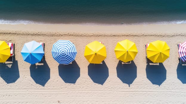 The concept of summer vacation. Top view on an umbrella on the sandy beach AI