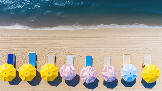 The concept of summer vacation. Top view on an umbrella on the sandy beach AI