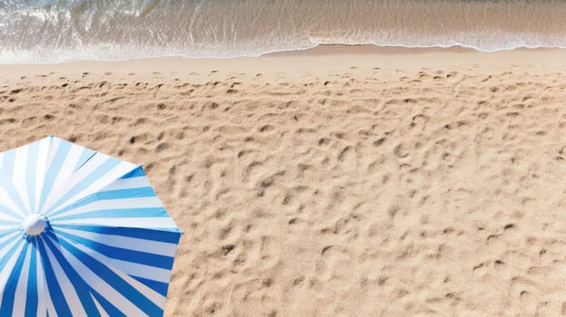 The concept of summer vacation. Top view on an umbrella on the sandy beach AI