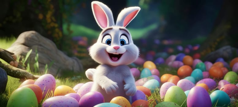 Joyful Cartoon Rabbit with Colorful Easter Eggs in a Spring Meadow.