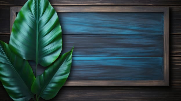 Exotic leaves on a wooden background. Top view frame AI