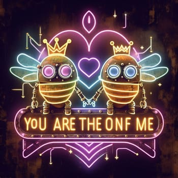 steampunk bee king and queen in love neon sign valentines illustration concept rusty background generative ai art