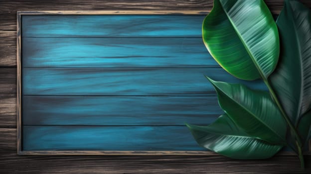 Exotic leaves on a wooden background. Top view frame AI