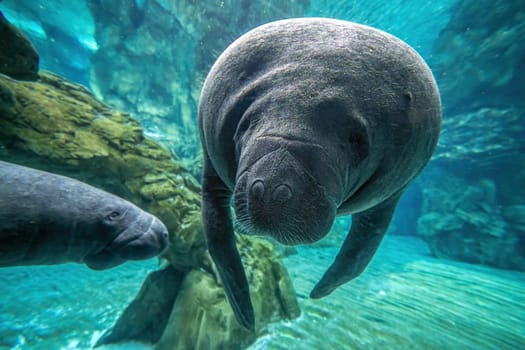 manatee underwater close up portrait coming to you