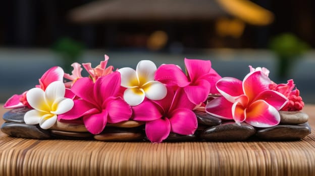 Frangipani flowers. Exotic flowers, against the backdrop of the pool and spa AI