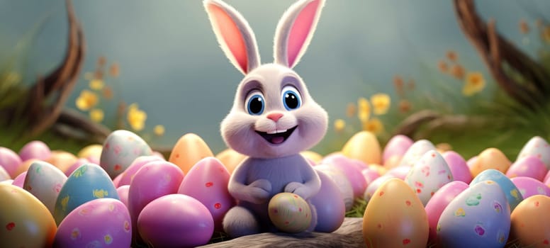 Cartoon bunny amid vibrant Easter eggs