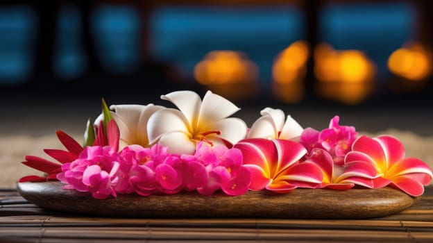 Frangipani flowers. Exotic flowers, against the backdrop of the pool and spa AI