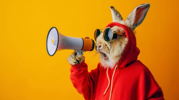 Stylish Rabbit with Sunglasses and Megaphone on Yellow Background.