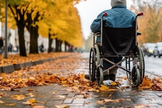 Elderly person in wheelchair in autumn nature .Generative AI.
