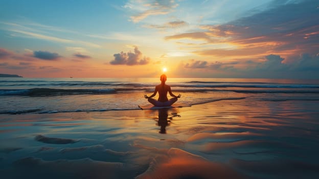 A tranquil yoga session on a beach at sunrise, calm sea in the background. Resplendent.