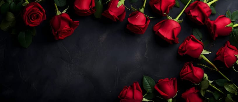 Red roses on black background with copy space. Neural network generated image. Not based on any actual person or scene.