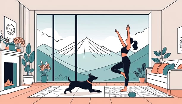 Woman practices yoga, dog nearby, home setting. Cartoon style, lifestyle depiction, interior scene. Meditation and sport emphasized