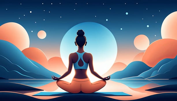 A woman in a lotus yoga asana, seen from the back, practicing relaxation and meditation. Peach and blue hues dominate the scene. Represents peaceful nighttime meditation for relaxation
