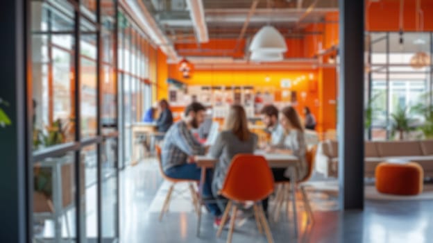 Blurred photo capturing the dynamic atmosphere of a modern open-plan office with people engaged in discussion and work. Resplendent.