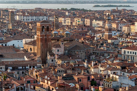 venice aerial view at sunset from saint mark place tower