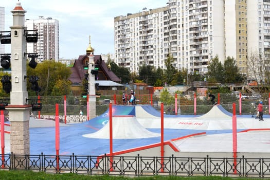 Moscow, Russia - Sept 24. 2023. pump track for extreme riding on bicycles, scooters, skateboards and the rollerblades