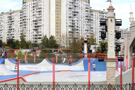 Moscow, Russia - Sept 24. 2023. pump track for extreme riding on bicycles, scooters, skateboards and the rollerblades