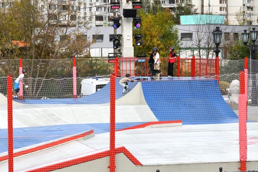 Moscow, Russia - Sept 24. 2023. pump track for extreme riding on bicycles, scooters, skateboards and the rollerblades