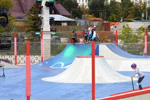 Moscow, Russia - Sept 24. 2023. pump track for extreme riding on bicycles, scooters, skateboards and the rollerblades