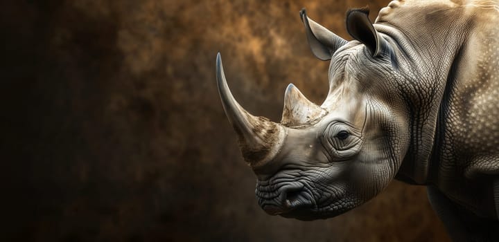 Design World Rhino Day, September 22nd. White Rhino, Rhinoceros On Dark Brown Background. Extant, Endangered Species, Wildlife. Space For Text. Power and Energy Horizontal. Spirit, Totem Animal.