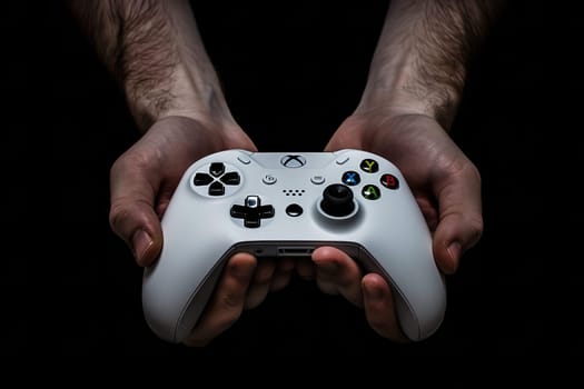 White game controller in hands photo in low key ai generated image