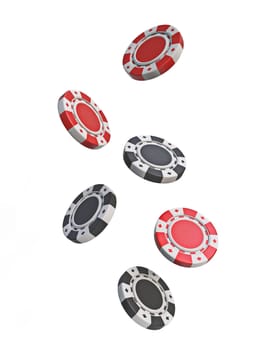 Red and black falling gambling chips 3D rendering illustration isolated on white background