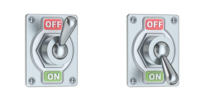 Metal buttons switch on and off 3D rendering illustration isolated on white background