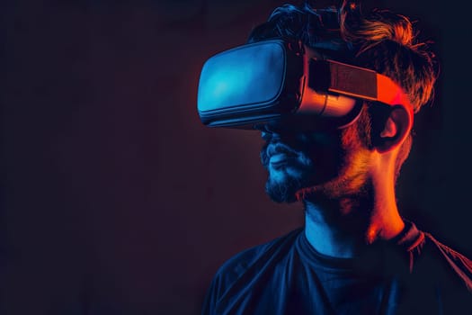 Man in VR glasses on dark background ai generated image