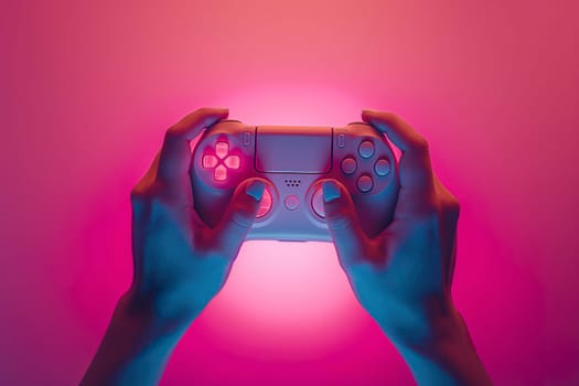 White joystick in hands on purple background ai generated image