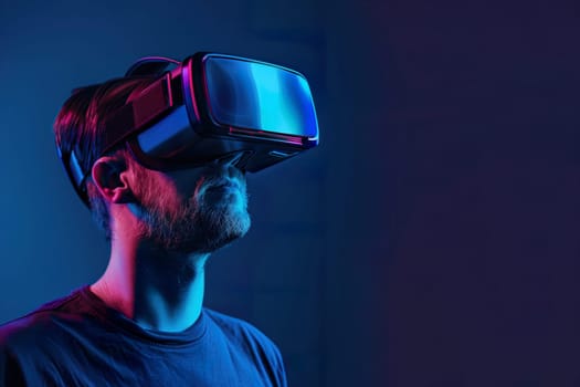 Man in VR glasses with purple backlights ai generated image