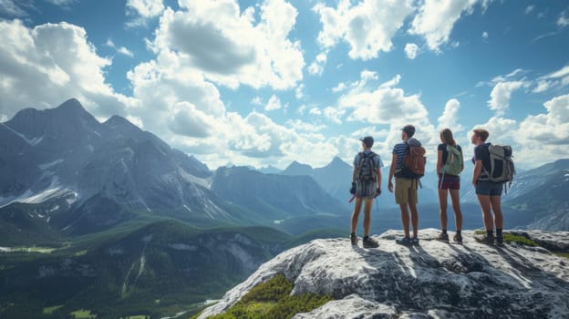 A group of friends on a hiking adventure, panoramic mountain views, capturing the spirit of friendship and exploration. Resplendent.