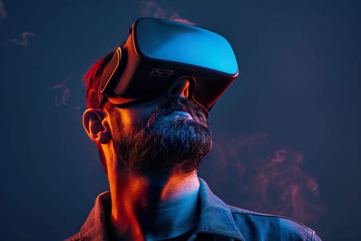 Man in VR glasses with yellow back lights ai generated image