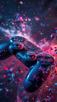 Black game controller with abstract particles background ai generated image