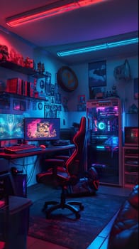 Gamer room in neon lights ai generated image