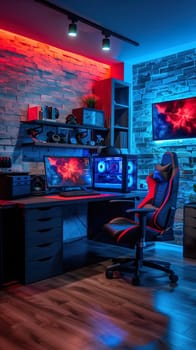 Gamer room interior with neon lights ai generated image