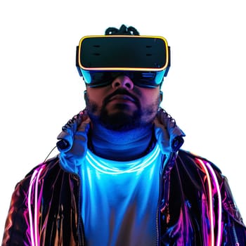 Man in VR glasses with neon lights front view ai art