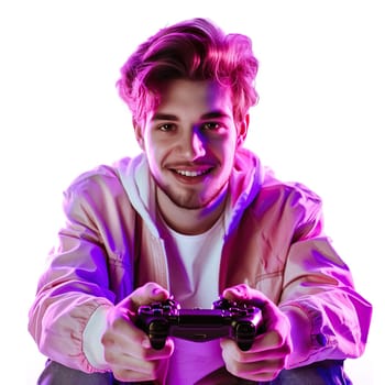 Man holds joystick in hands in neon light ai generated image