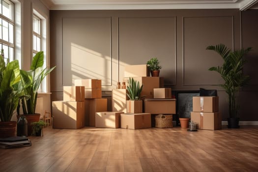 Move Cardboard boxes and cleaning things for moving into a new home. Generative AI.