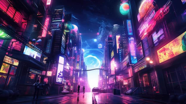 A cyberpunk-inspired cityscape at night, illuminated by neon signs and lights, with futuristic cars traversing the vividly colored streets. Resplendent.