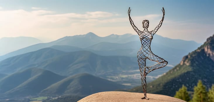 Woman in yoga pose, bent wire figure on nature backdrop, Creative figures symbol of tranquility, art and serenity intersection