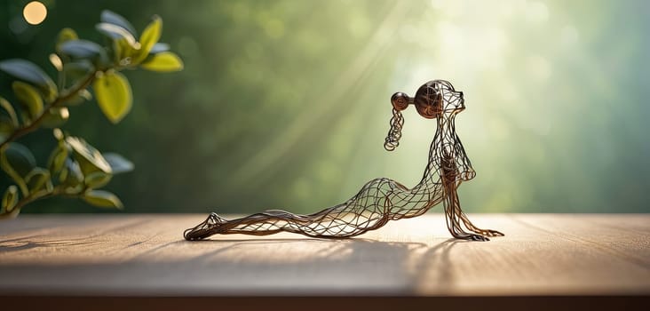 Woman in yoga pose, bent wire figure on nature backdrop, Creative figures symbol of tranquility, art and serenity intersection