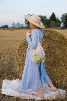 A red-haired woman in a hat and a blue dress walks in a field with haystacks