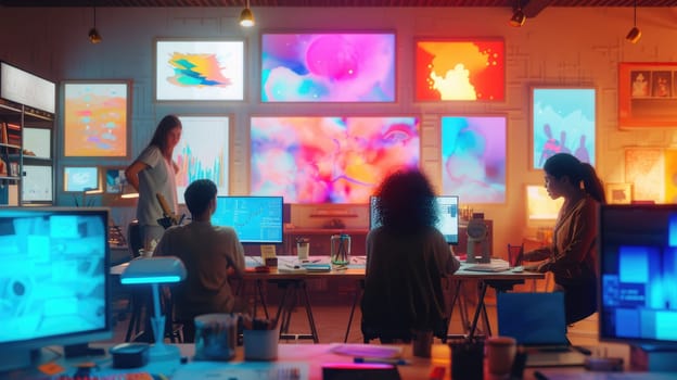 A man is using a computer in an office building, surrounded by tables, paintings, and art in a magenta-themed room. AIG41