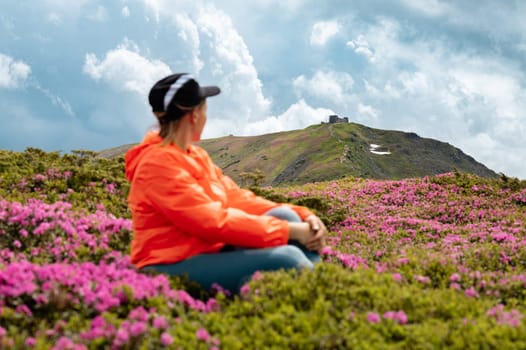A girl is sitting on a meadow of the Carpathians with rhododendrons near the peak of Mount Pip Ivan.