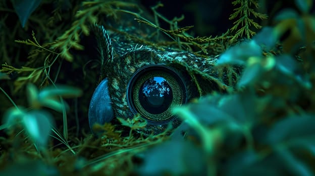 green owl eye masking in the forest, generative ai. High quality photo